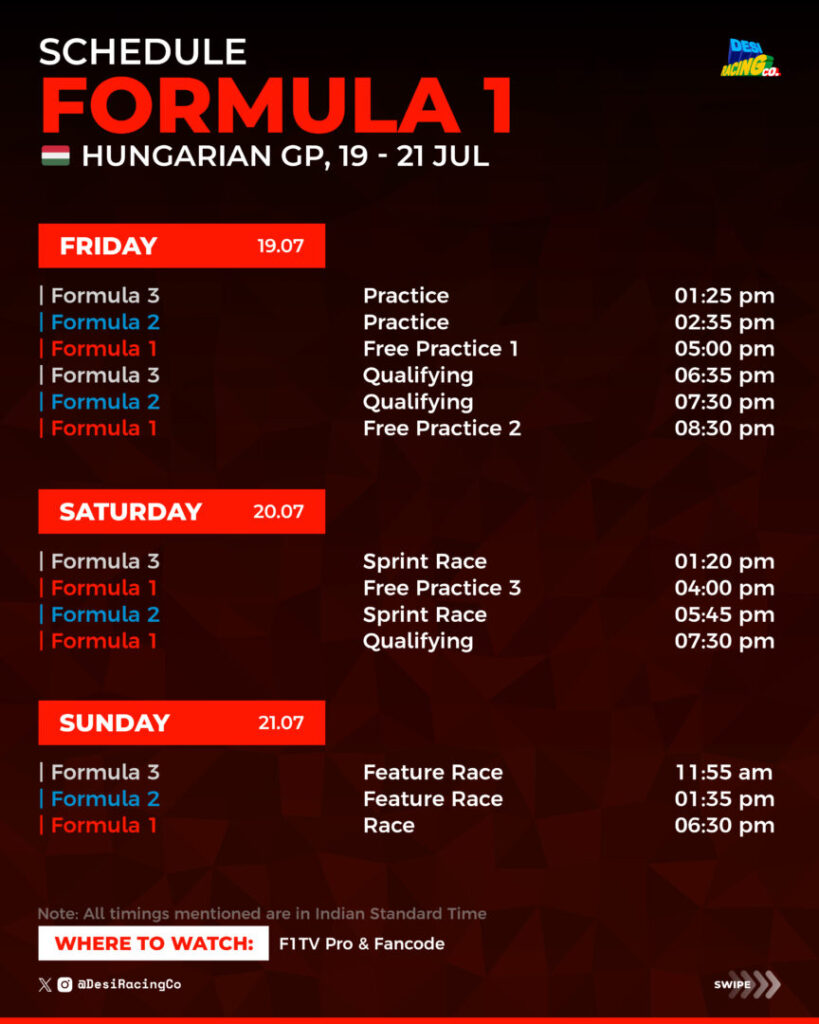 DRC's Hungarian Grand Prix Race weekend schedule. 