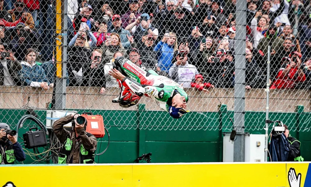 Johann Zarco celebrates after winnning the MotoGP French Grand Prix at Le Mans