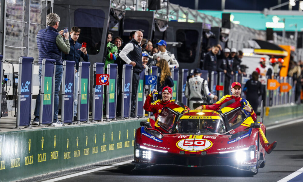 50 FUOCO Antonio (ita), MOLINA Miguel (spa), NIELSEN Nicklas (dnk), Ferrari AF Corse, Ferrari 499P #50, Hypercar, celebrating their win during the Qatar 1812 KM, 1st round of the 2025 FIA WEC, from February 25 to 28, 2025 on the Losail International Circuit in Lusail, Qatar - Photo Julien Delfosse / DPPI