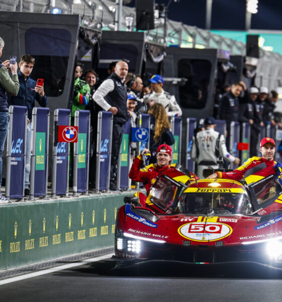 50 FUOCO Antonio (ita), MOLINA Miguel (spa), NIELSEN Nicklas (dnk), Ferrari AF Corse, Ferrari 499P #50, Hypercar, celebrating their win during the Qatar 1812 KM, 1st round of the 2025 FIA WEC, from February 25 to 28, 2025 on the Losail International Circuit in Lusail, Qatar - Photo Julien Delfosse / DPPI
