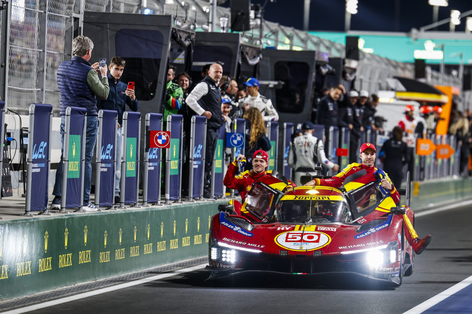 50 FUOCO Antonio (ita), MOLINA Miguel (spa), NIELSEN Nicklas (dnk), Ferrari AF Corse, Ferrari 499P #50, Hypercar, celebrating their win during the Qatar 1812 KM, 1st round of the 2025 FIA WEC, from February 25 to 28, 2025 on the Losail International Circuit in Lusail, Qatar - Photo Julien Delfosse / DPPI