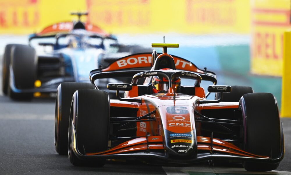 JEDDAH, SAUDI ARABIA - APRIL 20: Richard Verschoor of Netherlands and MP Motorsport (6) leads Jak Crawford of United States and DAMS Lucas Oil (11) on track during the Round 3 Jeddah Feature race of the Formula 2 Championship at Jeddah Corniche Circuit on April 20, 2025 in Jeddah, Saudi Arabia. (Photo by Clive Mason/Getty Images)