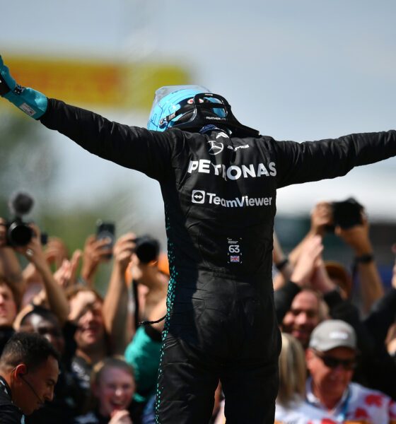 George Russell celebrates after winning the Canadian Grand Prix