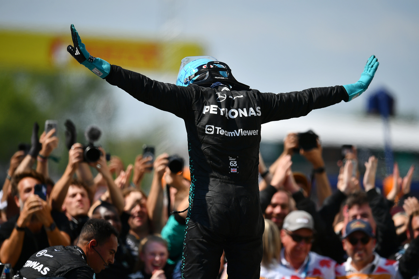 George Russell celebrates after winning the Canadian Grand Prix