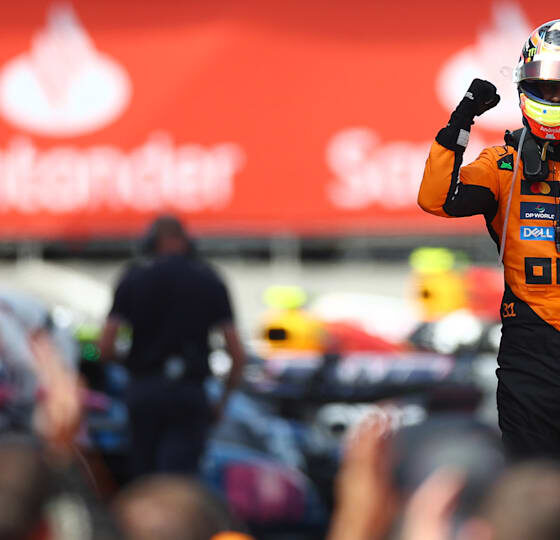 Oscar Piastri celebrates after winning the Spanish GP