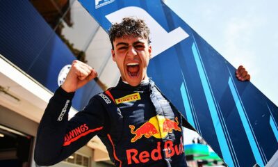 Arvid Lindblad celebrates after taking the feature race win in Round 6 of Formula 2 in Barcelona.