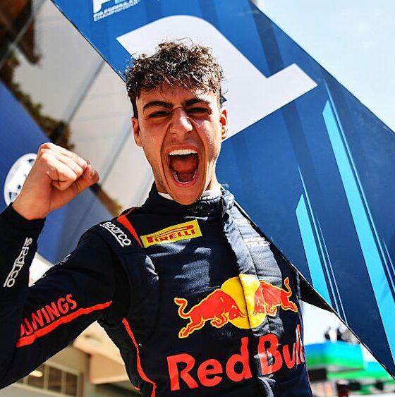Arvid Lindblad celebrates after taking the feature race win in Round 6 of Formula 2 in Barcelona.