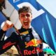 Arvid Lindblad celebrates after taking the feature race win in Round 6 of Formula 2 in Barcelona.